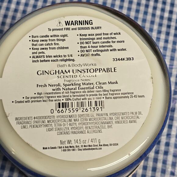 BBW Gingham Unstoppable Large 3 Wick Candle Clean Home Fragrance Decor - Picture 2 of 2